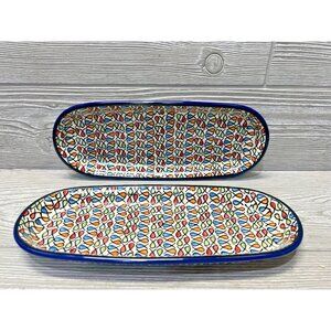 Hand-Painted Oval Dishes Made in Poland Set of 2 Ceramic Stoneware Fish Design